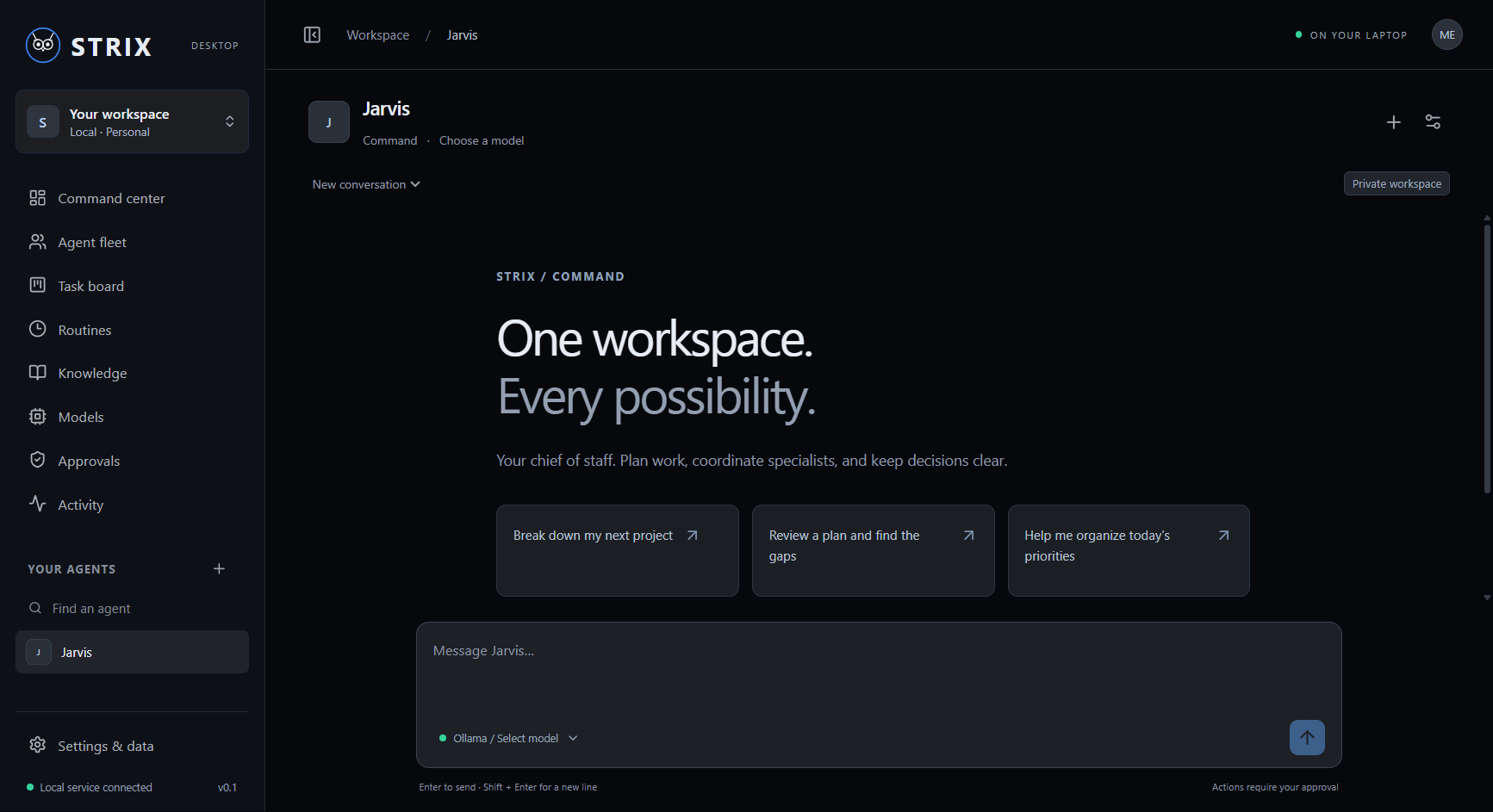 STRIX desktop showing Jarvis, the agent fleet navigation, model setup, and a local chat workspace